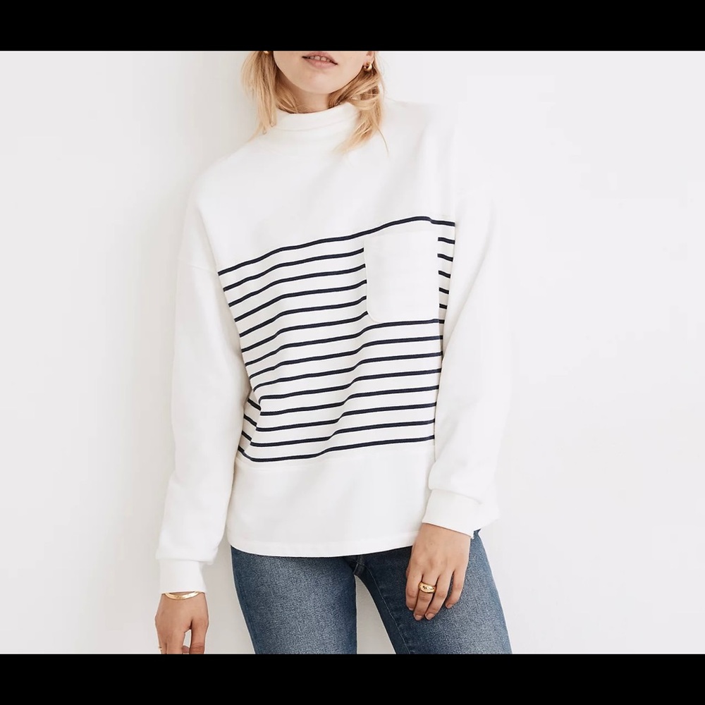 Madewell size large Cotton Mockneck Pocket Sweatshirt in Nautical Stripe